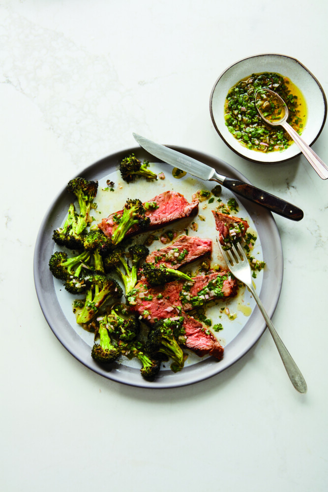 Pan-Seared Steak with Cilantro Salsa Verde and Crispy Broccoli