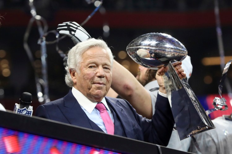New England Patriots owner Robert Kraft celebrates a win against the Los Angeles Rams after NFL Super Bowl 53, Sunday, February 3, 2019 in Atlanta. 
