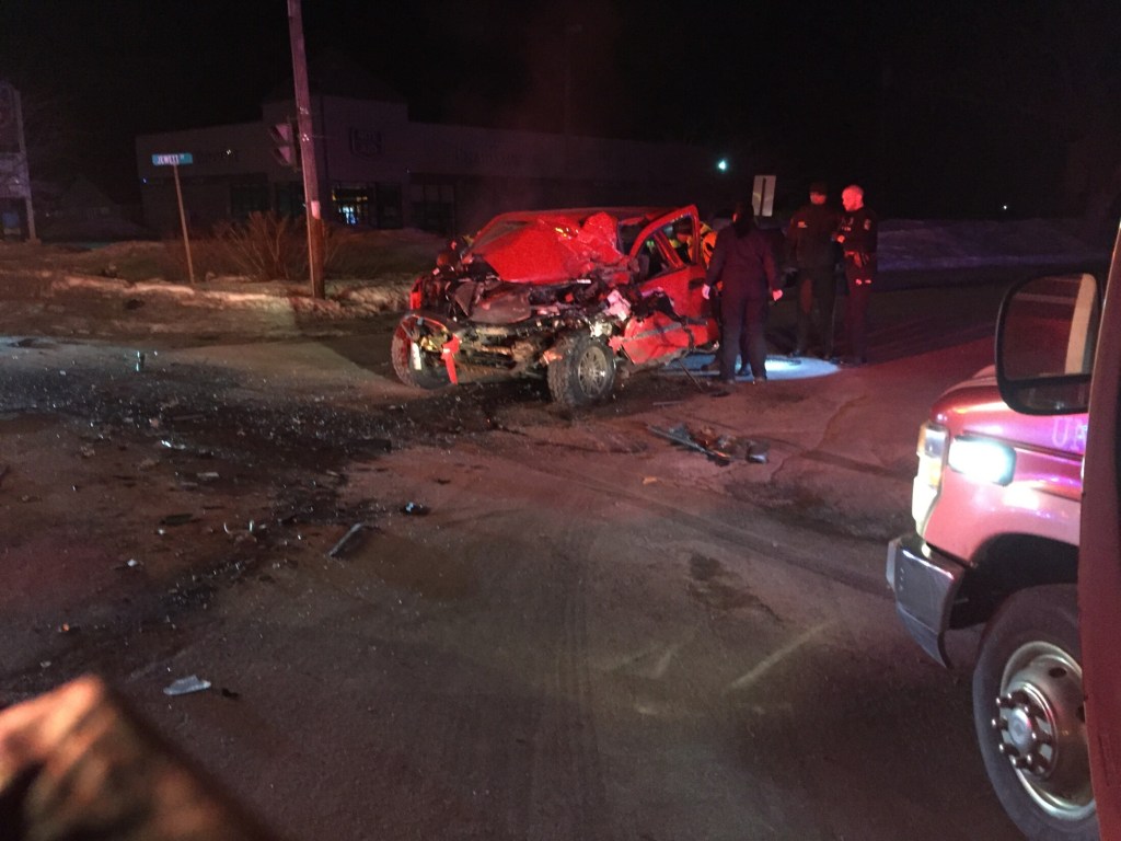 A red Chevy pickup truck traveling north on Madison Avenue in Skowhegan struck a tractor-trailer turning left on to Madison from Jewett Street at 12:30 a.m. Monday, sending four people to the hospital. 