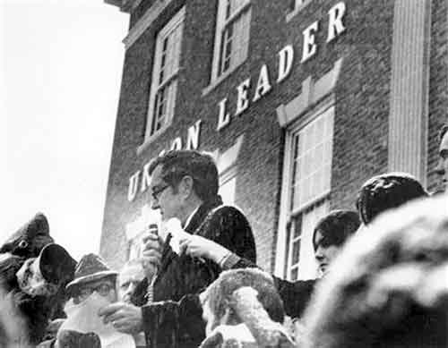 Sen. Edmund Muskie during the 1972 campaign outside the Manchester Union Leader newspaper office in New Hampshire. 