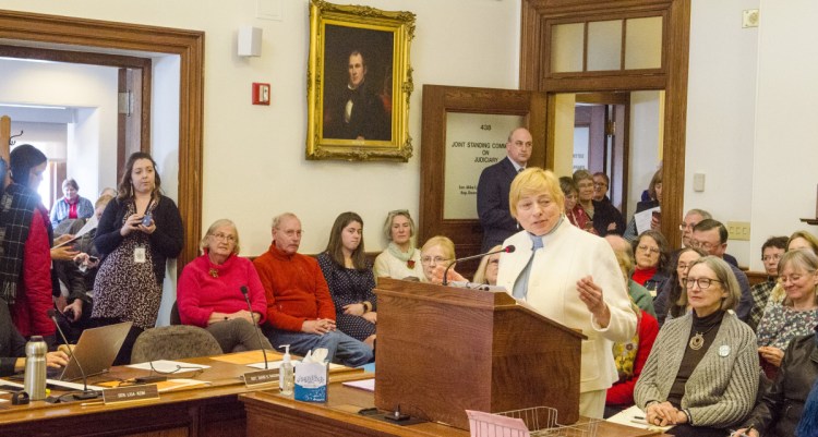Gov. Janet Mills testifies before the Judiciary Committee on March 7 in support of legislation to amend Maine's Constitution to make it clear that discrimination based on sex is illegal. The measure has failed to get the necessary two-thirds majority of legislative support to pass.