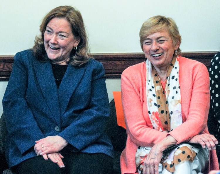 Chief Justice Leigh Saufley, left, and Gov. Janet Mills attend a Judiciary Committee  public hearing on a bill to change state laws that refer to the governor and state justices by male pronouns, at the Maine State House in Augusta on Thursday. Democratic Gov. Janet Mills was elected in 2018 as the state’s first female governor. In 2001, Saufley was sworn in as the state's first female chief justice.