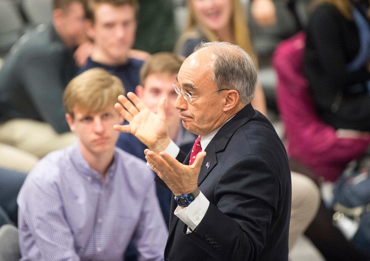 Former congressman Bruce Poliquin, listens to a question on the merits of ranked-choice voting in Waterville in 2019.