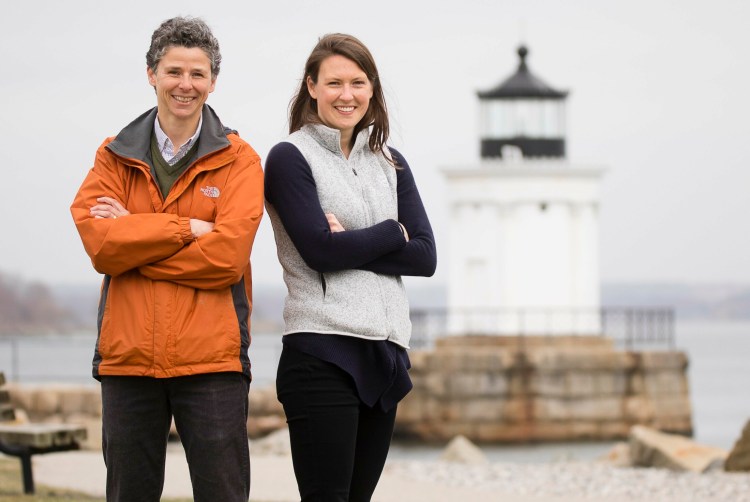 South Portland Sustainability Director Julie Rosenbach  and Sustainability Program Coordinator Lucy Brennan stand in the city's Bug Light Park on Friday, April 19, 2019. 