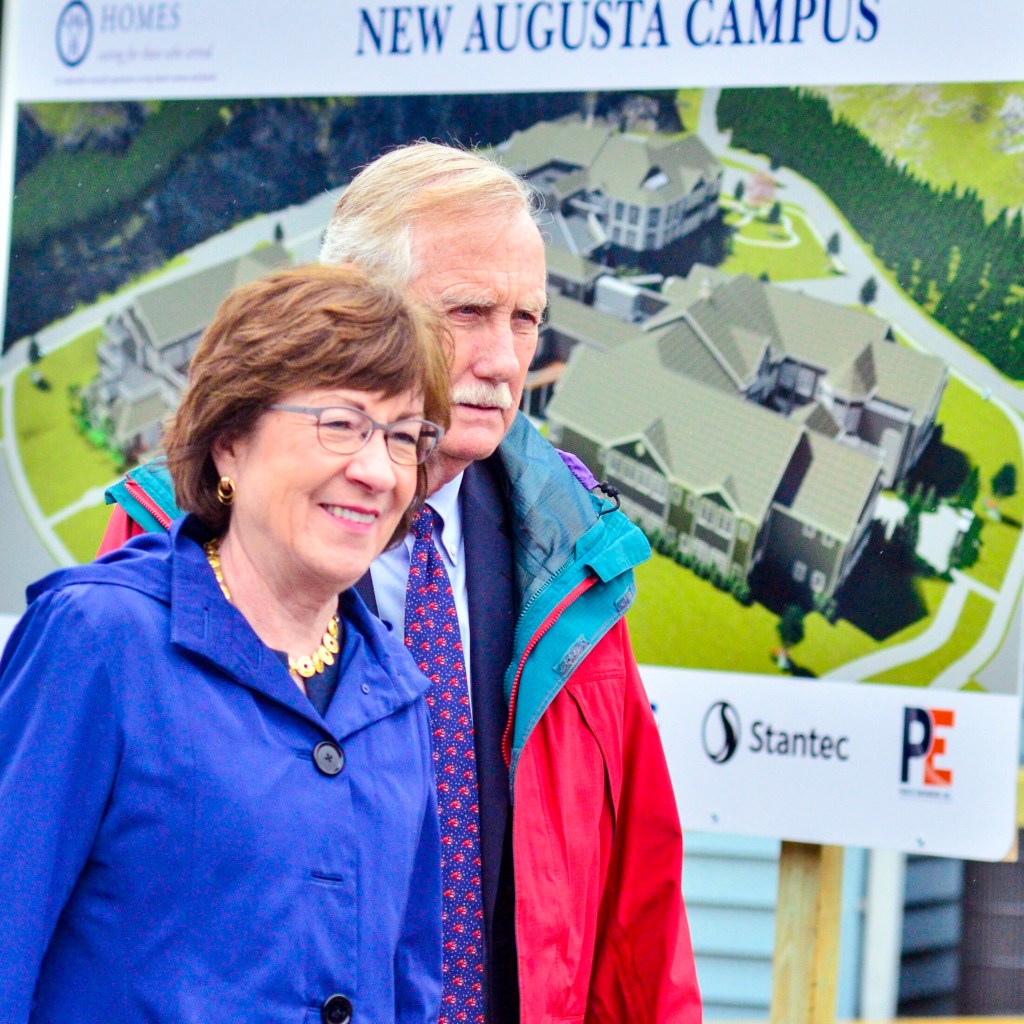 U.S. Sens. Susan Collins and Angus King attend the groundbreaking of a new Maine Veterans' Home on Thursday in Augusta.