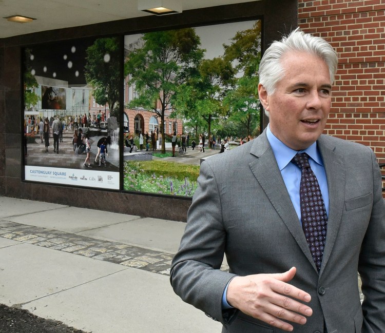 Colby College President David Greene, outside the Center in downtown Waterville on Monday, announced that the facility that will be transformed into a $18-$20 million art and film complex will be named the Paul J. Schupf Art Center after art collector and Colby benefactor Paul J. Schupf.