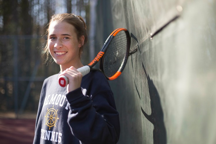 FALMOUTH, ME - APRIL 25: Falmouth senior Maddy Joyce has shifted to singles after three years playing doubles for Falmouth's 11-time defending state champion tennis team. (Staff photo by Derek Davis/Staff Photographer)