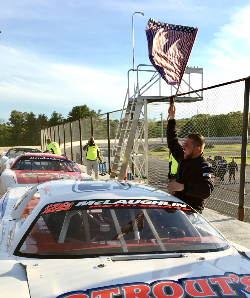 Andrew McLaughlin celebrates his 2017 Coastal 200 win at Wiscasset Speedway in Wiscasset. McLaughlin, of Harrington, won the track's Late Model championship last season.