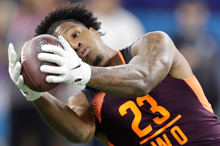 Arizona State wide receiver N'Keal Harry runs a drill during the NFL football scouting combine March 2 in Indianapolis. Harry is the New England Patriots' first-round pick in the draft.