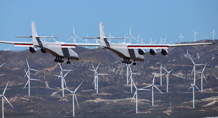 Stratolaunch, a giant six-engine aircraft with the world’s longest wingspan, makes its historic first flight from the Mojave Air and Space Port in Mojave, Calif., Saturday. Founded by the late billionaire Paul G. Allen, Stratolaunch is vying to be a contender in the market for air-launching small satellites.