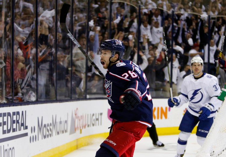 Columbus' Oliver Bjorkstrand celebrates his goal against the Tampa Bay Lightning during the second period of Game 4 Tuesday night at Columbus, Ohio.