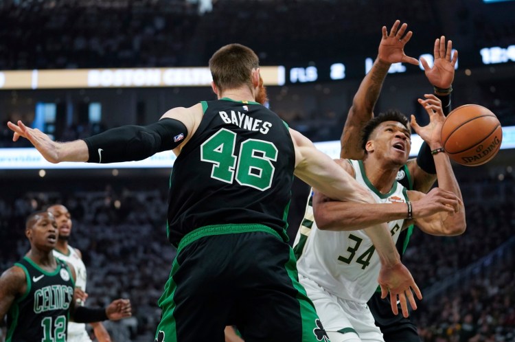 Milwaukee's Giannis Antetokounmpo is fouled during Game 1 of the Bucks' second-round playoff series against the Boston Celtics on Sunday in Milwaukee. Boston won 112-90.