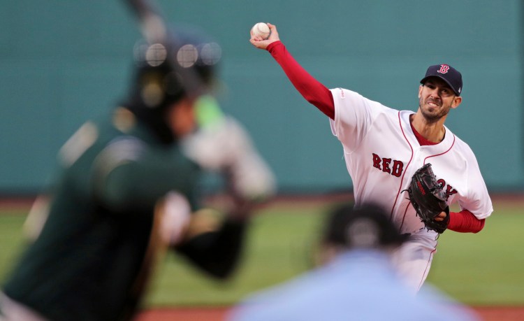 Rick Porcello pitched eight shutout innings, allowing two hits, while striking out eight and walking two in the Red Sox 5-1 win over Oakland on Tuesday night in Boston.