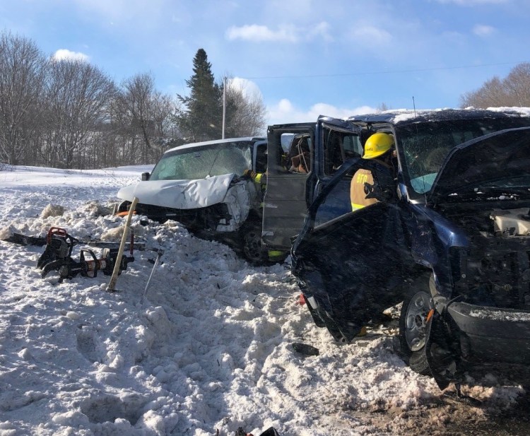 Six ambulances were called to take injured people to hospitals after two vans collided on Route 1 in Bridgewater on Thursday. Multiple crashes were reported during windy, whiteout conditions.