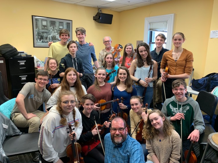 The Franklin County fiddlers visited with world-renown old time Fiddler and Berklee professor, Bruce Molsky at Berklee College of Music, Boston. Front, from left, are 
Maize Gordon, Hope Chernesky, Steve Muise, Brynne Robbins, Rachel Spear and Tomas Cundick. Second row rom left are Clay McCarthy, Shaylynn Koban, Alex McCauley and Chelsea Seabold.
Third row from left are 
Kahryn Cullenberg, Auley Romanyshynn, Sam Judkins, Maeve Hickey and Emma Charles. Back, from left, are  Aubrey Hoes, Colby Sennick, Berklee Professor Bruce Molsky, Makenzie Seaward and Zack Gunther.
