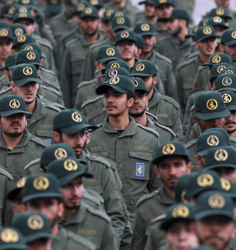 In this Feb. 11, 2019, file photo, Iranian Revolutionary Guard members attend a ceremony celebrating the 40th anniversary of the Islamic Revolution, at the Azadi, or Freedom, Square in Tehran, Iran. On Monday, April 8, 2019, the Trump administration designated Iran’s Revolutionary Guard a “foreign terrorist organization” in an unprecedented move against a national armed force. Iran’s Revolutionary Guard Corps went from being a domestic security force with origins in the 1979 Islamic Revolution to a transnational fighting force. 