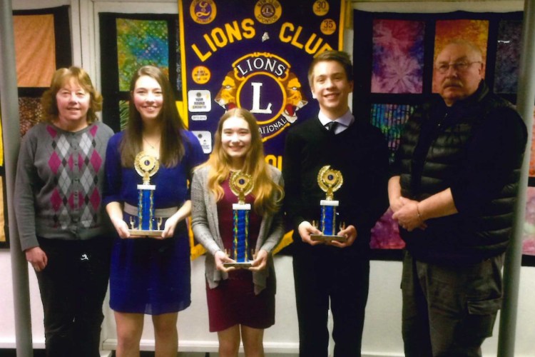 Monmouth Lions Club Speak-Out 2019 winners have been announced.  From left are coach Cathy Foyt, Kaitlin Hunt, Rhayna Poulin, Ed Zuis and coach Scott Foyt.