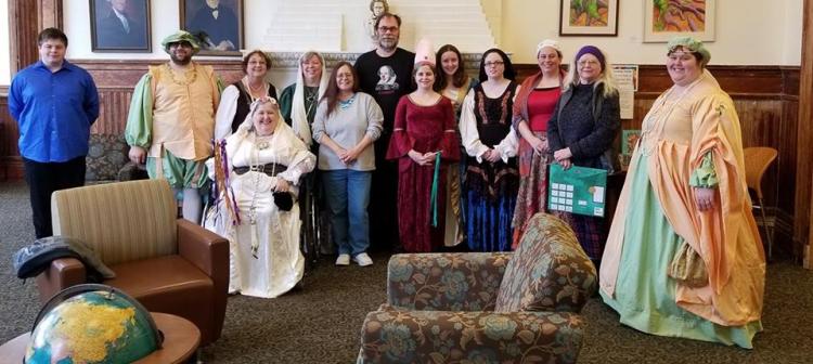 Recycled Shakespeare Company members and participants of last year's Bard's Birthday Bash at the Waterville Public Library. From left are Joseph Page, Joshua Fournier, Susan Webber, Lyn Rowden, Debra Achorn, Lynda Lemar, Raymond Wing, Helena Page, Teya Bard, Katie Howes, Shana Page, Shirleyanne Ratajczak and Emily Rowden Fournier.