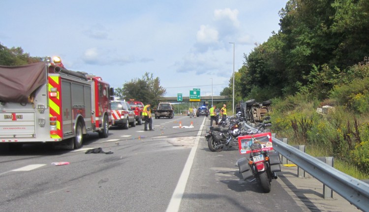 State police investigate a crash in September 2017 that killed motorcyclists Jamie Gross, 58, of Belmont, and Aaron White-Sevigny, 25, of Windsor, on Interstate 95 in Augusta. The two were riding in the annual United Bikers Toy Run from Augusta to the Windsor Fairgrounds.