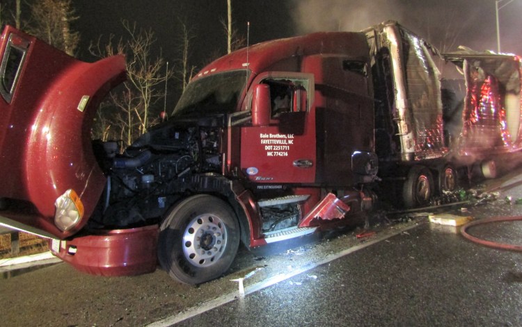 A truck hauling Coca-Cola products was destroyed by fire on the Maine Turnpike in Kennebunk. 