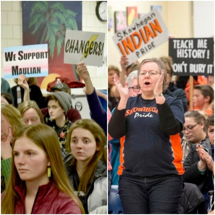 At left, people against the use of the “Indians” nickname in School Administrative District 54 schools hold signs March 7 urging school board members to vote to stop the practice during a meeting in Skowhegan. At right, supporters of keeping the Skowhegan Area High School “Indians” nickname rally March 22 at a school board meeting at Skowhegan Area Middle School. 