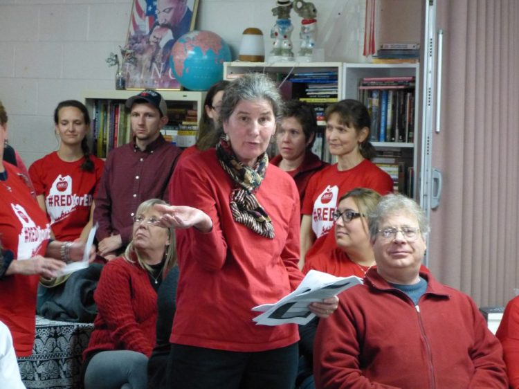 Mary Hobson of Topsham, a resource teacher at Mt. Ararat Middle School, was one of many teachers who urged the SAD 75 school board Thursday to give teachers a raise. (Darcie Moor/The Times Record)