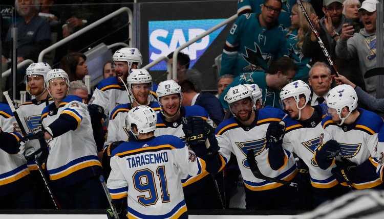 St. Louis Blues' Vladimir Tarasenko (91) celebrates a goal with the bench in the second period in Game 5 of the NHL hockey Stanley Cup Western Conference finals against the San Jose Sharks in San Jose, Calif., on Sunday, May 19, 2019. (AP Photo/Josie Lepe)