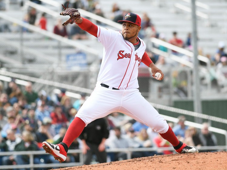 Darwinzon Hernandez pitches for the Portland Sea Dogs Saturday, May 4, 2019. 