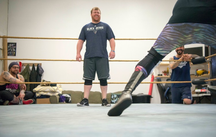 Dave Dyer has a laugh in the ring during a recent practice at the Limitless Dojo in Brewer.