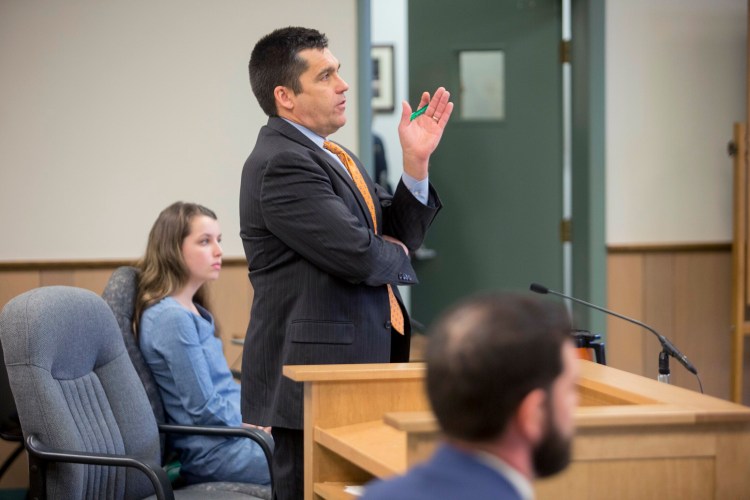 Brian Landis' defense attorney Ted Dilworth speaks to Judge Charles Dow during Wednesday's hearing in South Paris in the criminal case against the former Oxford County sheriff's lieutenant. The judge dismissed the case because of the prosecution's failure to comply with his request for evidence.