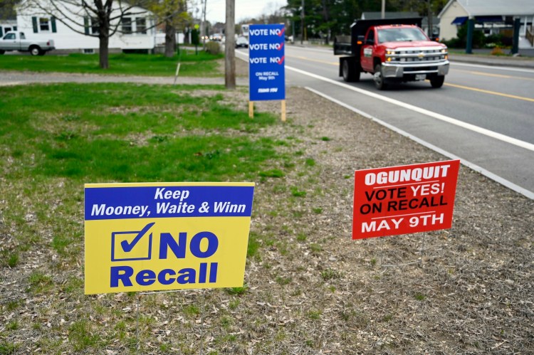 Campaign signs reflected tension in the community of Ogunquit during a recall campaign in May 2019.