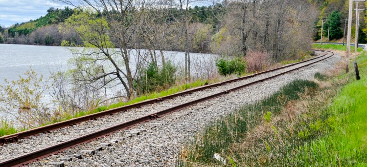 The railroad tracks along Kennebec River in South Gardiner. The Maine Department of Transportation has been awarded nearly $17.5 million for infrastructure upgrades and rail crossing improvements.