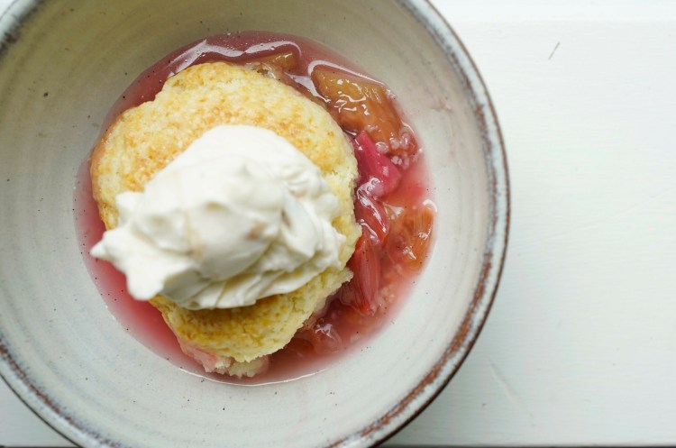 Rhubarb-Rose Cobbler with Rose Cream. Recipe from Claudia Fleming's "The Last Course." 