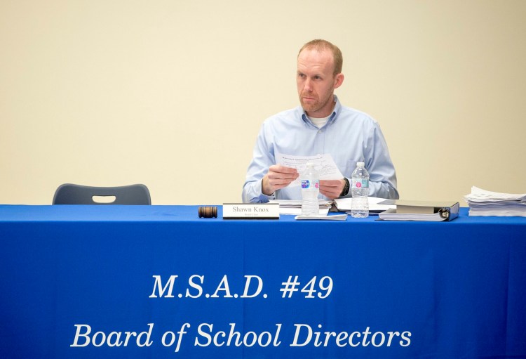 Shawn Knox, SAD 49 school board chair, at a May meeting at Lawrence Junior High School, announced the hiring of an interim superintendent and high school principal recently.