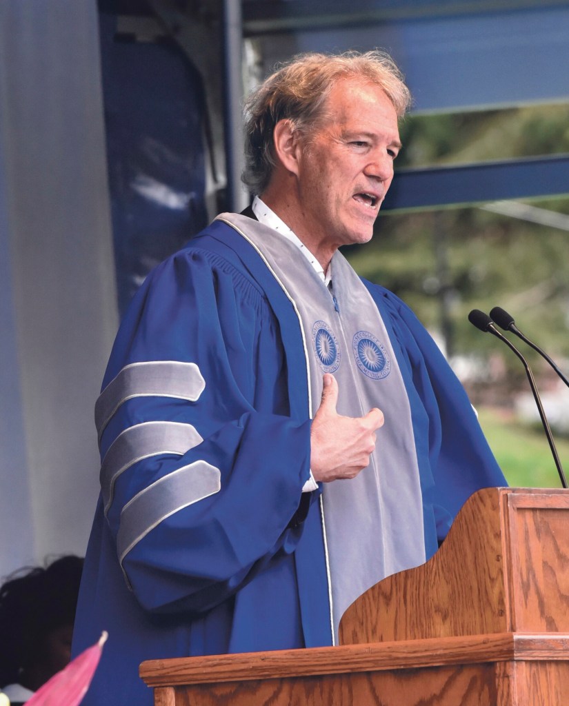 Colby College commencement speaker and TV writer-producer David Kelley addresses graduates Sunday during the 198th Colby commencement in Waterville.