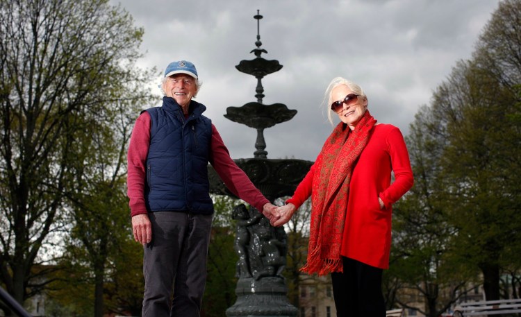 PORTLAND, ME - MAY 24: Frank and Sharon Reilly pose for a portrait in front of the fountain within Portland's historic Lincoln Park. The couple has raised significant funding for the park. (Staff photo by Ben McCanna/Staff Photographer)