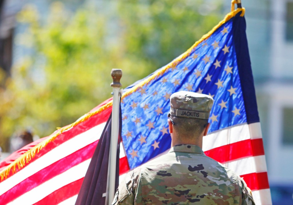 WESTBROOK, ME - MAY 27: National Guardsman Ryan Jackitis of 262 Engineer Co. stands at attention during Memorial Day ceremonies at Riverbank Park. (Staff photo by Jill Brady/Staff Photographer.)