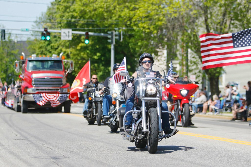 WESTBROOK, ME - MAY 27: Bikers travel with colors down Main Street during the Memorial Day parade Monday morning. (Staff photo by Jill Brady/Staff Photographer.)