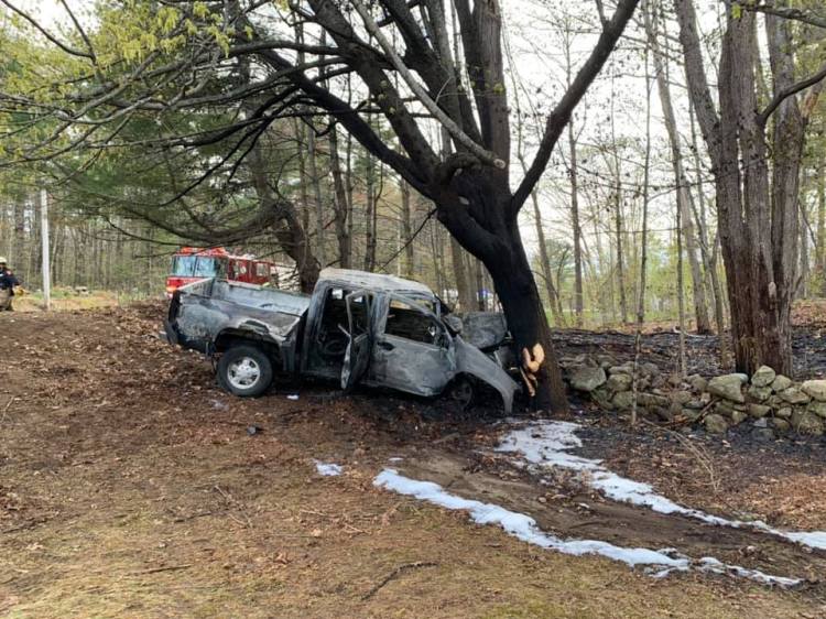 Augusta Deputy Fire Chief Dave Groder credited Timothy and Margaret Haskell, of Augusta, with saving the life of the driver of this pickup truck, 39-year-old Christopher Booher, of South China. The truck crashed Monday evening in front of the couple's North Belfast Avenue home. The driver was listed in critical condition Tuesday morning at Maine Medical Center in Portland. 