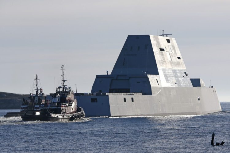 The first Zumwalt-class destroyer, the USS Zumwalt, leaves the Kennebec River in Phippsburg in December 2015. 