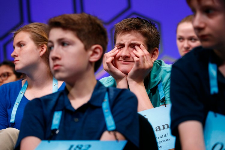 Sebastian Shields, 12, of Saco, Maine, reacts as he waits for his turn to compete in the second round of the Scripps National Spelling Bee, on Tuesday in Oxon Hill, Md. Shields didn't make it to the final round on Thursday.