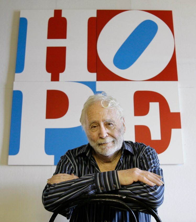 Artist Robert Indiana poses at his Vinalhaven studio in 2008 with "HOPE," which he created for Barack Obama's presidential campaign.