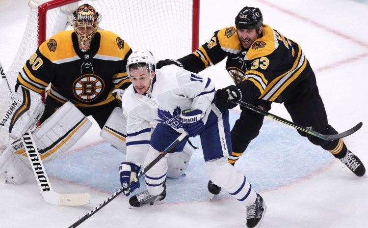 Bruins defenseman Zdeno Chara, right, is expected to be back in the lineup Monday night after missing the last game of the Eastern Conference finals.