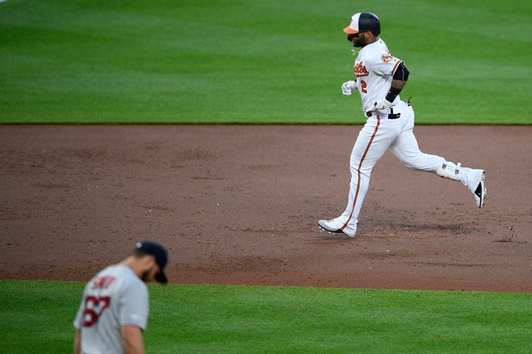 Baltimore's Jonathan Villar rounds the bases after his grand slam off Red Sox starting pitcher Josh Smith during the Orioles' 4-1 win Monday in Baltimore.