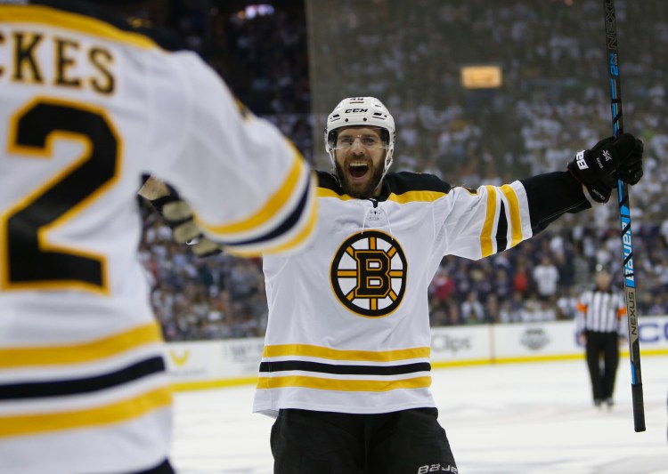 Boston's David Krejci celebrates a goal during the Bruins' 3-0 win over the Columbus Blue Jackets on Monday in Columbus, Ohio. Boston won the series 4-2 to advance to the Eastern Conference finals.