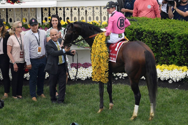 Jockey Tyler Gaffalione sits aboard War of Will as trainer Mark Casse holds the reins after winning the Preakness Stakes on Saturday at Pimlico Race Course.
