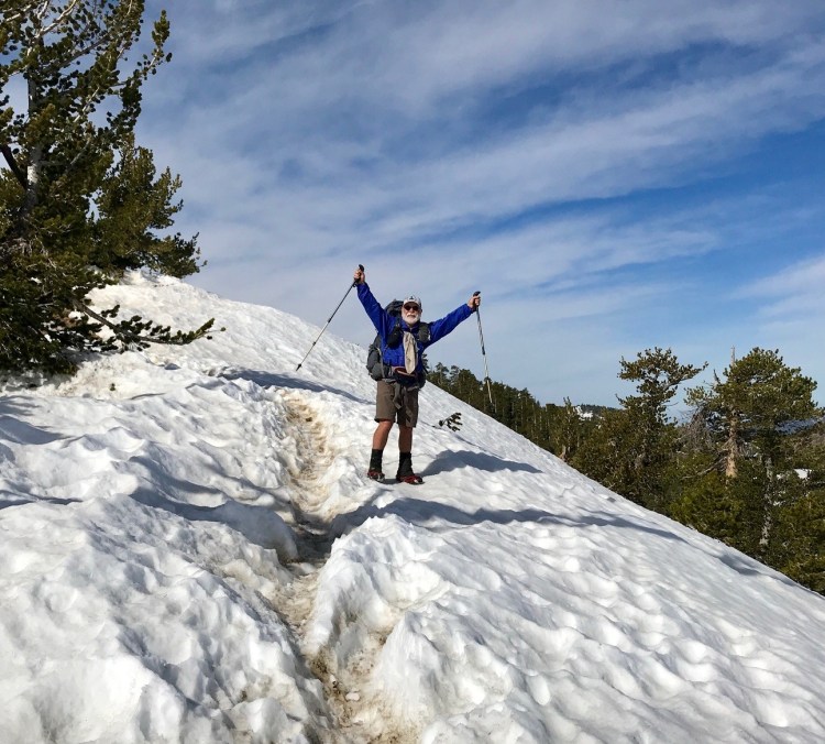 Columnist Carey Kish near the snowy summit of 9,406-foot Mt. Baden-Powell at about mile 350 on the Pacific Crest Trail. He's now past mile 700.