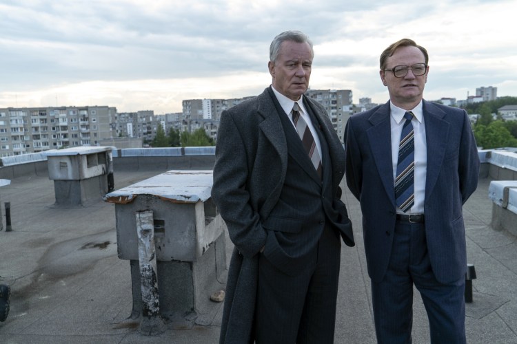 Boris Shcherbina (Stellan Skarsgard), left, travels to Pripyat, Ukraine, with the U.S.S.R.'s leading nuclear physicist, Valery Legasov (Jared Harris), in HBO's acclaimed series "Chernobyl."