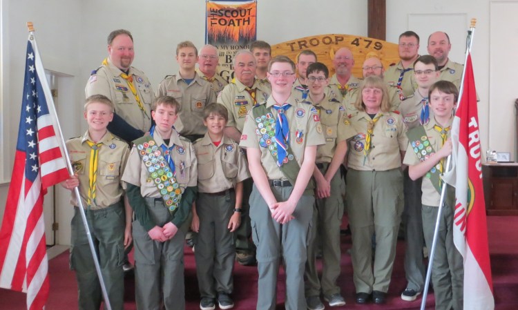 Boy Scout Troop 479 held a Court of Honor April 6 for Eagle Scout Alex Stewart, of Augusta, at the China Baptist Church. Front from left are Scouts Sam Boynton, Nick Shelton, Kasen Kelley, Alex Stewart, Nick Choate, Leader Priscilla Adams and Scout Hunter Praul. Back from left are Leader Doug Leonard, Scout Ben Lagasse, Leaders Scott Adams, Ron Emery, Scout Kaiden Kelley, and Leaders Christian Hunter, Matt Bodine, Sean Stewart and Darryl Praul.