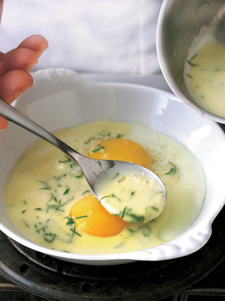 Oeufs sur le plat with parsley beurre blanc from Michel Roux's "Eggs: The Essential Guide to Cooking with Eggs."